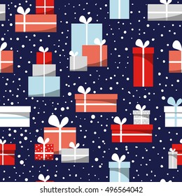Cartoon seamless christmas pattern with gift boxes, white, red, blue, gray colors, cute and bright background. Greeting hand drawn card, illustration for Xmas.