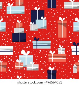 Cartoon seamless christmas pattern with gift boxes, white, red, blue, gray colors, cute and bright background. Greeting hand drawn card, illustration for Xmas.