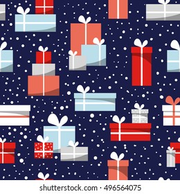 Cartoon seamless christmas pattern with gift boxes, white, red, blue, gray colors, cute and bright background. Greeting hand drawn card, illustration for Xmas.