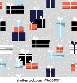 Cartoon seamless christmas pattern with gift boxes, white, red, blue, gray colors, cute and bright background. Greeting hand drawn card, illustration for Xmas.