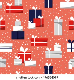 Cartoon seamless christmas pattern with gift boxes, white, red, blue, gray colors, cute and bright background. Greeting hand drawn card, illustration for Xmas.