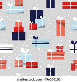 Cartoon seamless christmas pattern with gift boxes, white, red, blue, gray colors, cute and bright background. Greeting hand drawn card, illustration for Xmas.