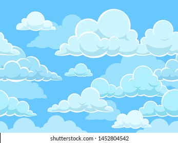 Cartoon seamless clouds background. Pattern with blue cloudy sky. Cloudscape panorama, cute kids wallpaper or cloth vector texture for illustration of overcast flat fluffy cloudiness
