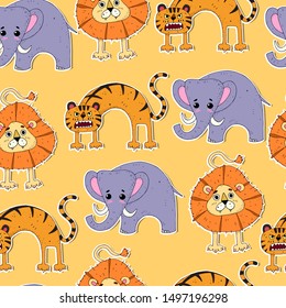 Cartoon seamless colorful funny pattern with lions, elephants, tigers on a neutral background. vector. for kids. animal theme. 