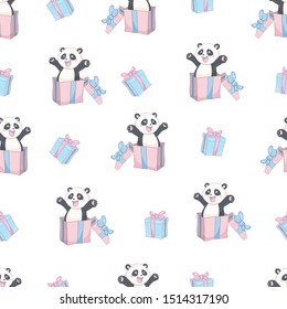 Cartoon Seamless Cute Panda Pattern. Vector, Illustration.