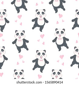 Cartoon Seamless Cute Panda Pattern. Vector, Illustration.