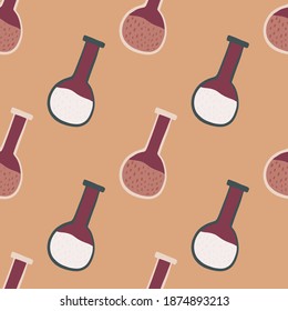 Cartoon seamless doodle pattern with maroon flask ornament. Beige background. Great for fabric design, textile print, wrapping, cover. Vector illustration.