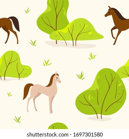 Cartoon seamless flat pattern with animal -  cute horses in forest. Vector illustration in colorful style.