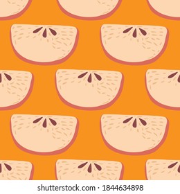 Cartoon seamless fruit pattern with apple slices. Doodle fruits on orange background. Bright food summer backdrop. Graphic design for wrapping paper and fabric textures. Vector Illustration.
