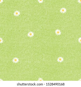 Cartoon Seamless Green Grass With Daisy In Summer, Vector Pattern Nature Lawn Field Texture, Cute Meadow With White Flowers In Spring, 