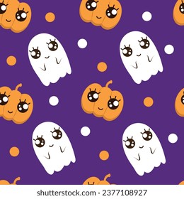 Cartoon seamless Halloween pattern with pumpkins and ghosts	