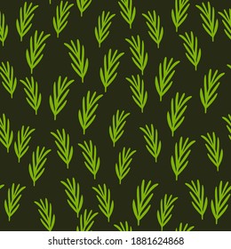 Cartoon seamless herbal pattern with green rosemary ornament. Dark background. Designed for fabric design, textile print, wrapping, cover. Vector illustration.