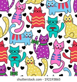 Cartoon seamless multicolored black cats and hearts on a white background 