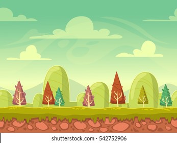 Cartoon seamless nature background with separated layers for parallax effect in the animation. Cute flat style landscape illustration. Vector outdoor texture for game design.