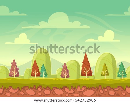 Cartoon seamless nature background with separated layers for parallax effect in the animation. Cute flat style landscape illustration. Vector outdoor texture for game design.
