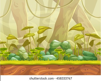 Cartoon seamless nature landscape with separated layers for parallax effect. Vector horizontal jungle illustration, fantasy game background.