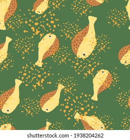 Cartoon seamless ocean wildlife pattern with random puffer fish fugu ornament. Green background with splashes. Perfect for fabric design, textile print, wrapping, cover. Vector illustration.