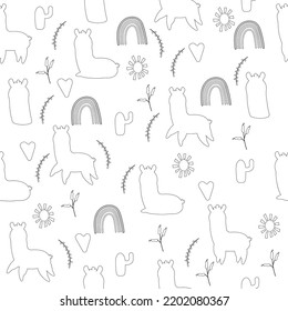 Cartoon seamless outline of a llama pattern. Vector illustration