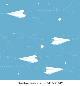 Cartoon seamless paper airplane background with hearts illustration in vector format.