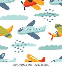 Cartoon seamless pattern with airplanes and clouds. Cute childish background with colored planes. Colorful vector print. Kid backdrop for textile, fabric, paper, games, play mat