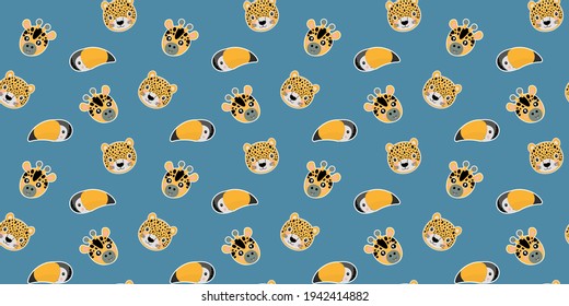 Cartoon seamless pattern of a baby leopard, giraffe, rainbow toucan muzzles on a blue background. Vector.