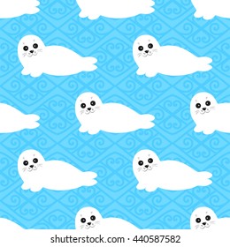 Cartoon seamless pattern of baby seal. Baikal seadog.  Create gift wrap, packaging, scrapbooking, kids printed fabrics, invites, birthday cards, party decorations, stationary and more.