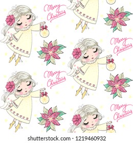 Cartoon seamless pattern with beautiful, lovely, little christmas angel girl. Vector illustration.