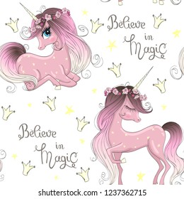 Cartoon seamless pattern with beautiful, lovely, little unicorn girls. Vector illustration.