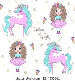 Cartoon seamless pattern with beautiful, lovely, little unicorn princess girls. Vector illustration.