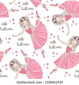 Cartoon seamless pattern with beautiful, lovely, little ballerinas girl. Vector illustration.