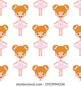 Cartoon seamless pattern with beautiful, lovely, little ballerinas girl.