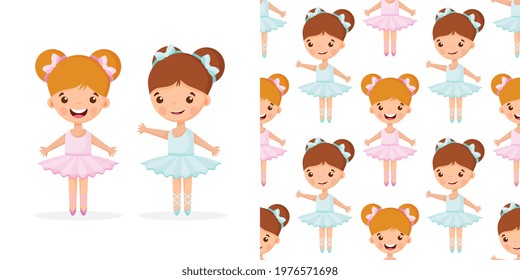 Cartoon seamless pattern with beautiful, lovely, little ballerinas girl.