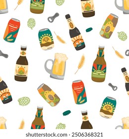 Cartoon seamless pattern with beer cans and bottles.Drink containers with different labels, glass with beverage and brewing ingredients.Beer festival vector flat illustration on white background.