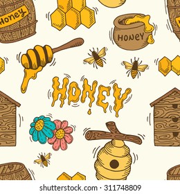 Cartoon seamless pattern with bees, honey, honeycomb and beehive.