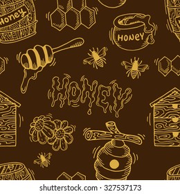 Cartoon seamless pattern with bees, honey, honeycomb and beehive.