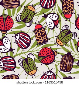 Cartoon seamless pattern with beetles.