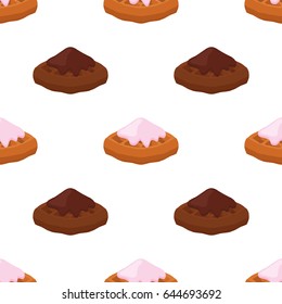 Cartoon seamless pattern of belgian, chinese waffles - yogurt, cream, chocolate. Tasty breakfast in restaurant. Made in cartoon flat style.