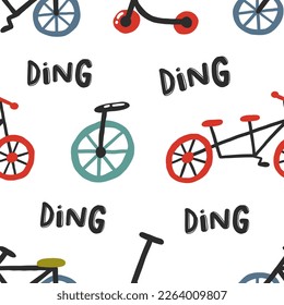 Cartoon seamless pattern with bikes, monocycle, kick scooters. Cute childish background. Colorful vector print with urban transportation. Kid backdrop for textile, fabric, paper, games, play mat