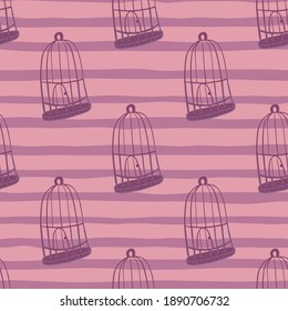 Cartoon seamless pattern with bird cage vintage ornament. Striped pink background. Creative print. Perfect for fabric design, textile print, wrapping, cover. Vector illustration.