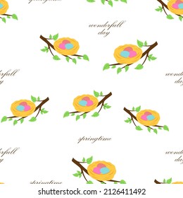 cartoon seamless pattern of bird nests with easter eggs on branches isolated on white background, spring vector illustration