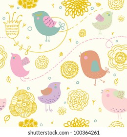 Cartoon seamless pattern with birds and flowers