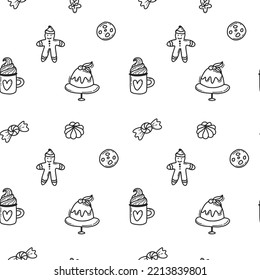 Cartoon seamless pattern of black outline christmas sweets, cake, candy, gingerbread and decorations on white background. Vector hand drawn doodle style. Happy winter.