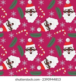 Cartoon seamless pattern with black Santa Claus faces, snowflakes, pine branches and candy canes  on pink background. For textile, paper, wrapping paper, cards, backgrounds 
