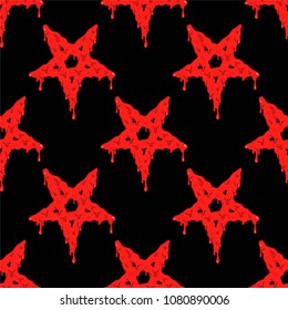 Cartoon Seamless Pattern With Bloody Pentagram Symbol On Black Background. Occult Vector Illustration.