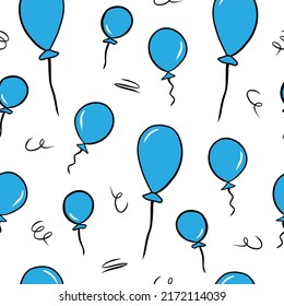 Cartoon seamless pattern with blue balloons isolated on white background. Simple doodle vector wallpaper design for kids. Fabric print template.
