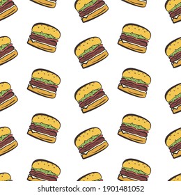 Cartoon seamless pattern with bright colorful hamburgers on white background. Doodle vector burger texture for fast food restaurant or cafe menu banners, textile, wrapping paper, package, cover