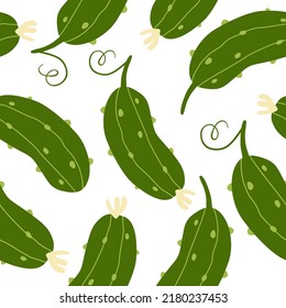 Cartoon seamless pattern with bright green cucumbers. Texture for textiles, packaging, wallpapers. Vector illustration isolated on white background.