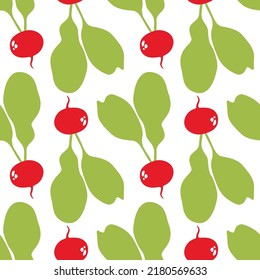 Cartoon seamless pattern with bright radish. Texture for textiles, packaging, wallpapers. Vector illustration isolated on white background.
