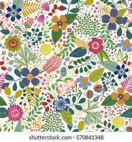 Cartoon seamless pattern with bright tropical flowers and leaves. Vector illustration