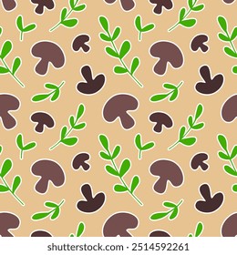 Cartoon seamless pattern with brown mushrooms and green leaves on yellow background.